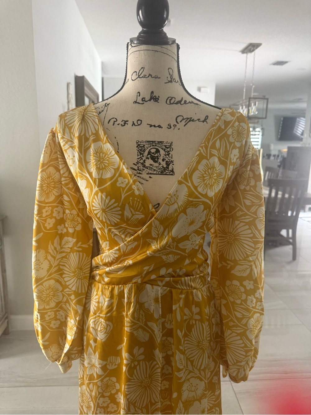Yellow Floral Wrap Maxi Dress, Long Sleeve - Picture 4 of 6